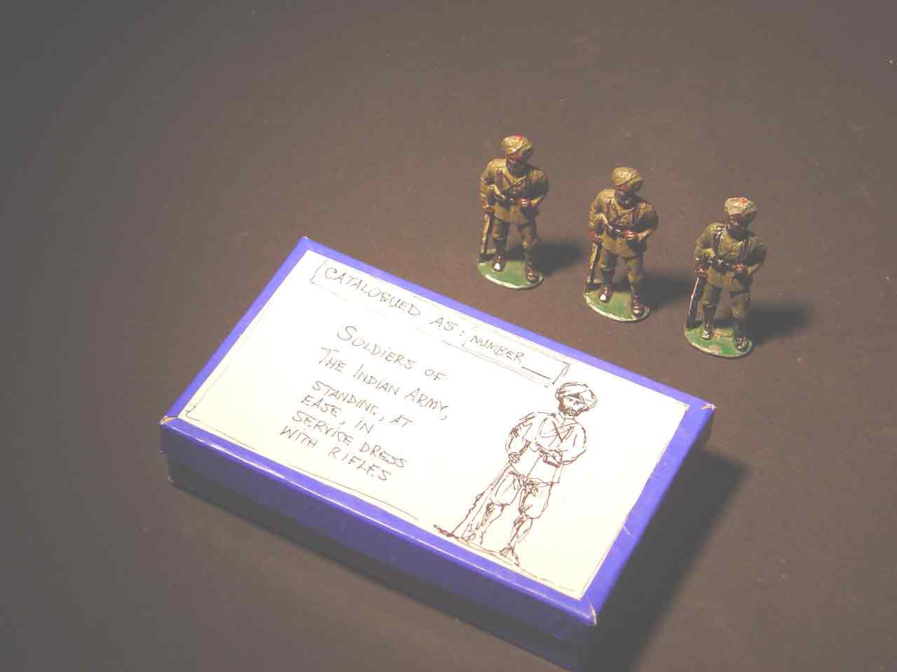 SUBJECT: Three toy soldiers outside of box 
 
CAMERA: Sony  DSC-P92 Cyber-shot
MEDIA: Sony MSA-64A Memory Stick at 1.2 megapixel resolution
FILE: JPEG from Sony Image Transfer version 1.00.1015.01&
EDITING: Adobe Photoshop