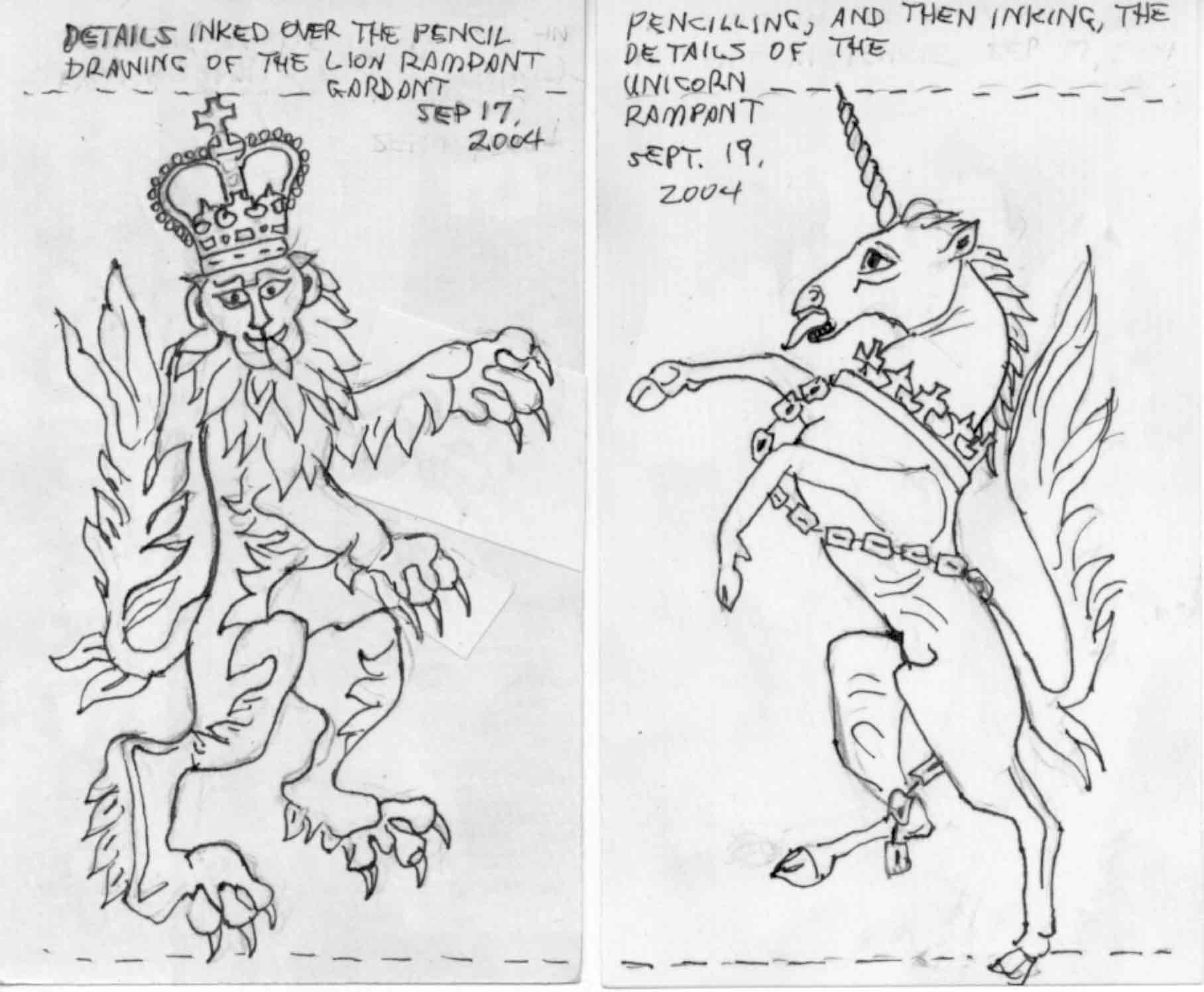 SUBJECT: Inked versions of Lion Rampant Guardant and Unicorn Rampant

SCANNER: Hewlett-Packard HP-4100C
FILE: JPEG from HP PrecisionScan LT
EDITING: Adobe Photoshop