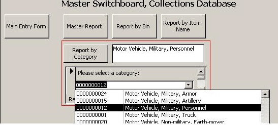 SUBJECT: Microsoft Access database master switchboard form showing drop-down list 

SCANNER:  Hewlett-Packard HP-4100C
FILE:  JPEG from HP PrecisionScan LT
EDITING:  Adobe Photoshop