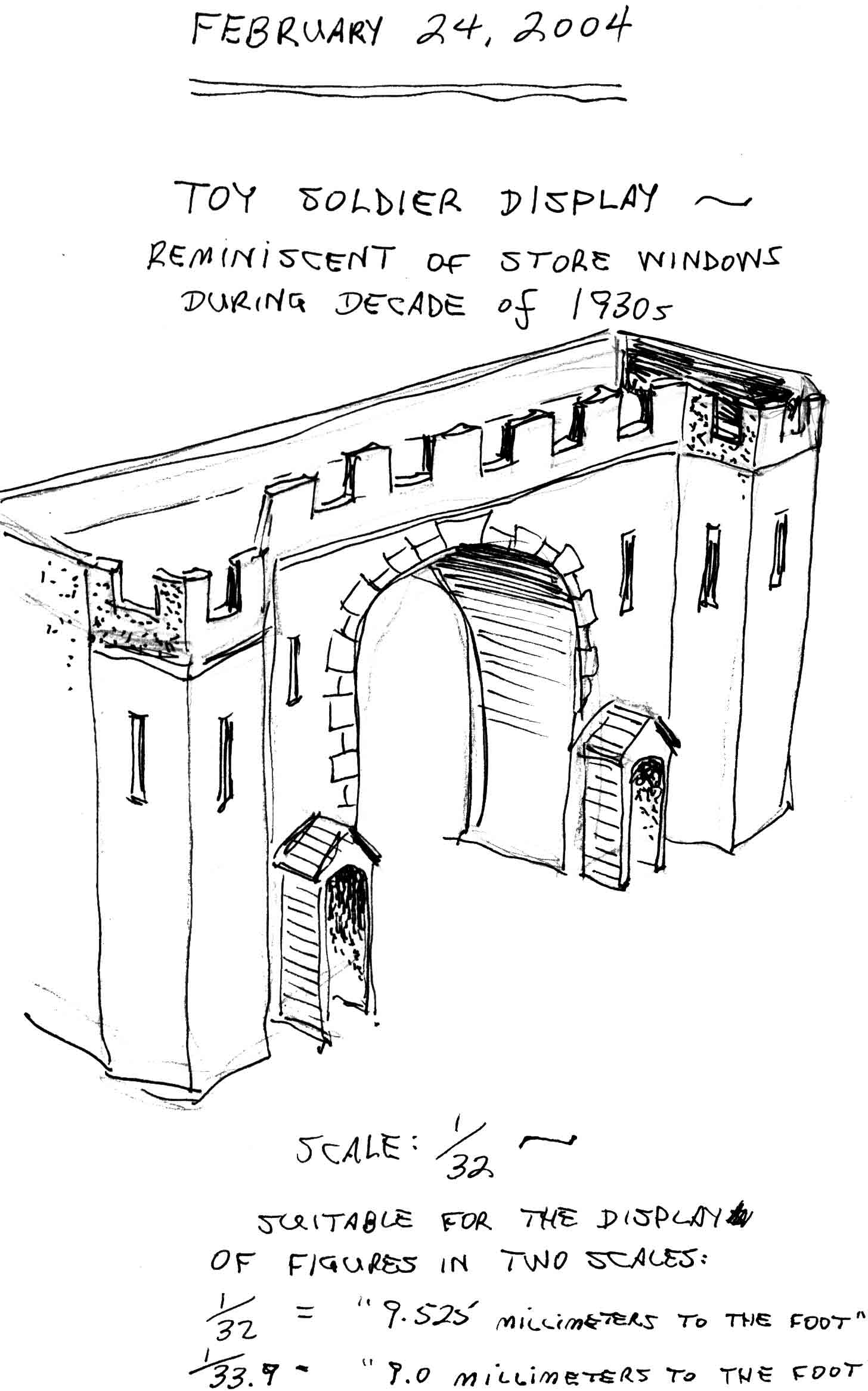 SUBJECT: Original sketch of 1/32 scale battlement

SCANNER:  Hewlett-Packard HP-4100C
FILE:  JPEG from HP PrecisionScan LT
EDITING:  Adobe Photoshop