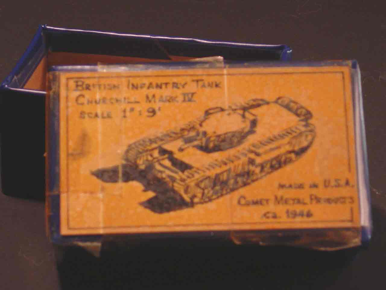 SUBJECT: Box label for Churchill Mark IV tank
   
CAMERA:  Sony DSC-P92 Cyber-shot
MEDIA:  Sony MSA-64A Memory Stick at 1.2 megapixel resolution
FILE:  JPEG from Sony Image Transfer version 1.00.1015.01
EDITING:  Adobe Photoshop