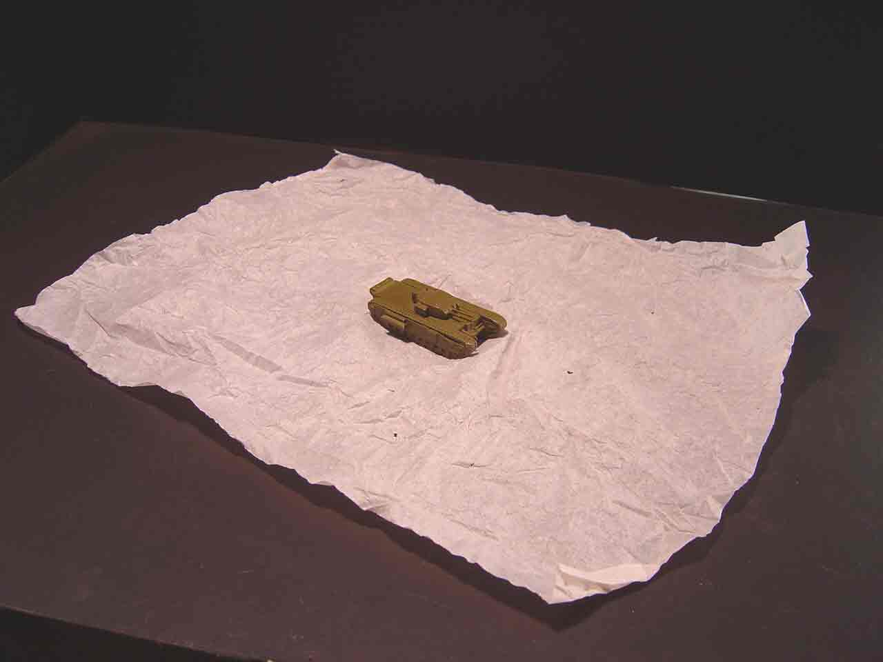 SUBJECT: Wrapping paper for Churchill Mark IV tank
   
CAMERA:  Sony DSC-P92 Cyber-shot
MEDIA:  Sony MSA-64A Memory Stick at 1.2 megapixel resolution
FILE:  JPEG from Sony Image Transfer version 1.00.1015.01
EDITING:  Adobe Photoshop