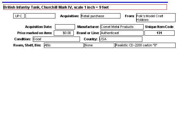 SUBJECT: Cataloguing the Churchill tank in the database
   
CAMERA:  Sony DSC-P92 Cyber-shot
MEDIA:  Sony MSA-64A Memory Stick at 1.2 megapixel resolution
FILE:  JPEG from Sony Image Transfer version 1.00.1015.01
EDITING:  Adobe Photoshop