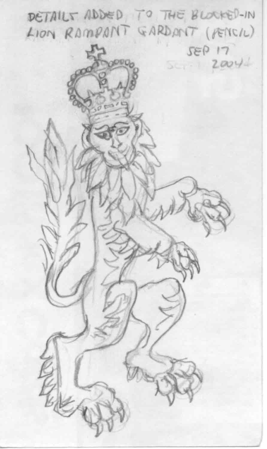 SUBJECT: Lion Rampant Guardant, pencil drawing filling in details

SCANNER: Hewlett-Packard HP-4100C
FILE: JPEG from HP PrecisionScan LT
EDITING: Adobe Photoshop