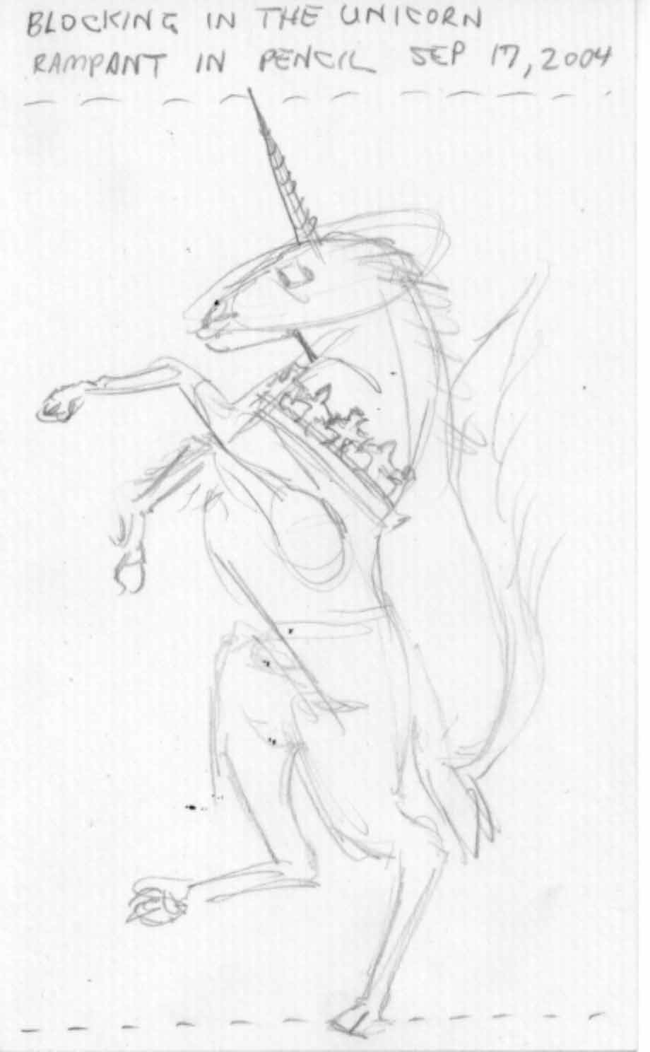 SUBJECT: Unicorn Rampant, pencil drawing blocking in proportions

SCANNER: Hewlett-Packard HP-4100C
FILE: JPEG from HP PrecisionScan LT
EDITING: Adobe Photoshop