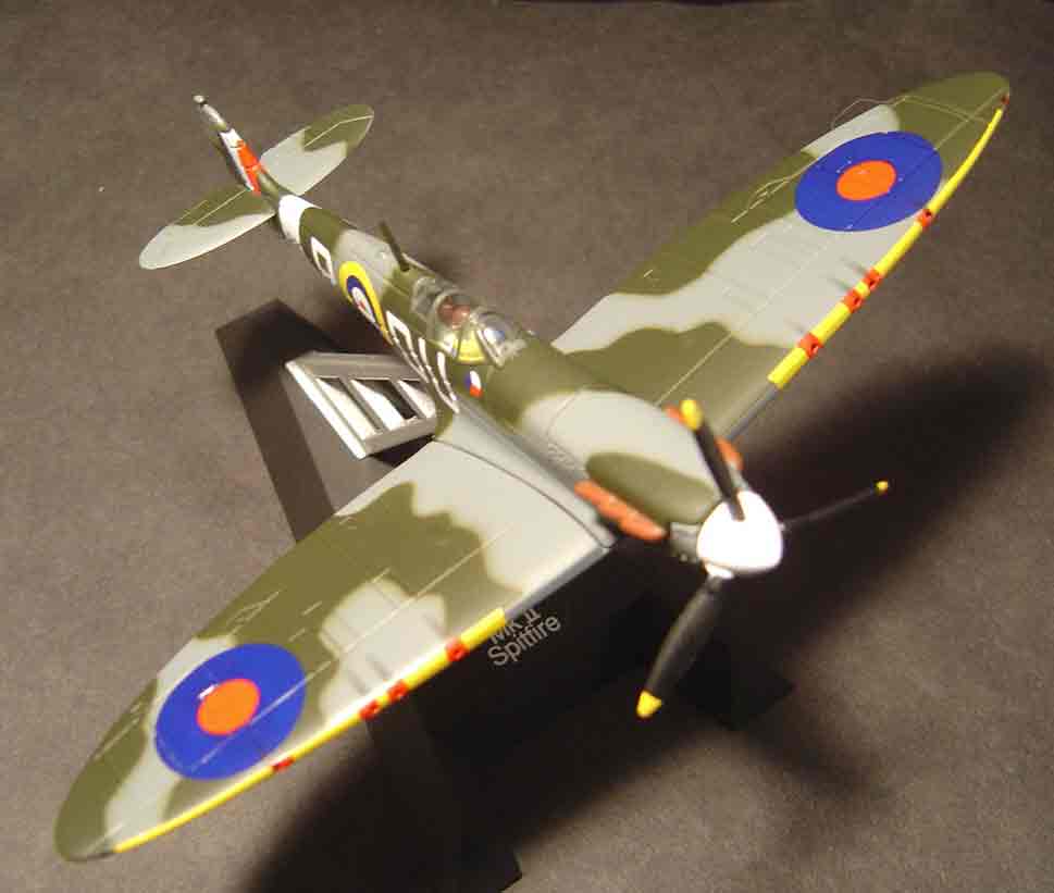 SUBJECT: 1/32 scale model Supermarine Mk II Spitfire, non-flood illumination

CAMERA:  Sony DSC-P92 Cyber-shot
MEDIA:  Sony MSA-64A Memory Stick at 1.2 megapixel resolution
FILE:  JPEG from Sony Image Transfer version 1.00.1015.01
EDITING:  Adobe Photoshop