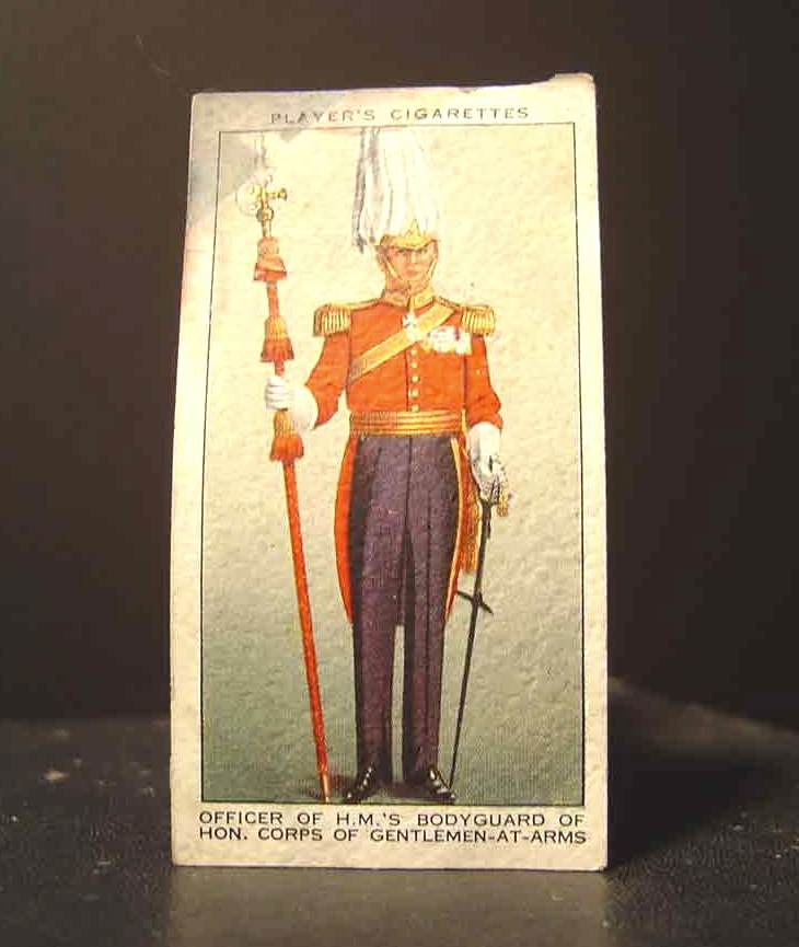 SUBJECT: cigarette card, Honorable Corps of Gentlemen-at-Arms, floodlamp illumination

CAMERA:  Sony DSC-P92 Cyber-shot
MEDIA:  Sony MSA-64A Memory Stick at 1.2 megapixel resolution
FILE:  JPEG from Sony Image Transfer version 1.00.1015.01
EDITING:  Adobe Photoshop