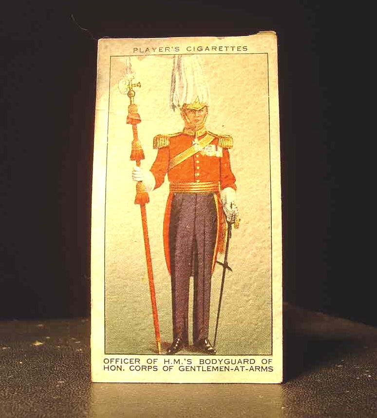 SUBJECT: cigarette card, Honorable Corps of Gentlemen-at-Arms, non-flood illumination 

CAMERA:  Sony DSC-P92 Cyber-shot
MEDIA:  Sony MSA-64A Memory Stick at 1.2 megapixel resolution
FILE:  JPEG from Sony Image Transfer version 1.00.1015.01
EDITING:  Adobe Photoshop